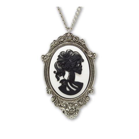 Gothic Lolita Skull Cameo Black on White in Pewter Frame Pendant Necklace NK-624
