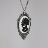 Gothic Lolita Skull Cameo Black on White in Pewter Frame Pendant Necklace NK-624