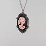 Gothic Lolita Skull Cameo Pink on Black in Silver Frame Pewter Pendant Necklace NK-629PB