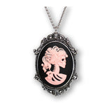 Gothic Lolita Skull Cameo Pink on Black in Silver Frame Pewter Pendant Necklace NK-629PB