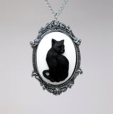 Black Cat Cameo in Antique Silver Frame Pendant Necklace NK-653