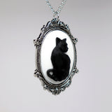 Black Cat Cameo in Antique Silver Frame Pendant Necklace NK-653