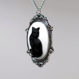 Black Cat Cameo in Antique Silver Frame Pendant Necklace NK-653