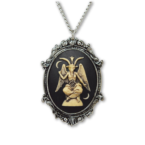 Antiqued Sitting Satanic Baphomet Cameo In Silver Finish Frame Necklace Pendant NK-674 ANT