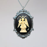 Sitting Satanic Baphomet Cameo In Silver Finish Frame Necklace Pendant Ivory on Black NK-674