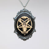 Antiqued Goat Head Satanic Baphomet Cameo Bone on Black In Silver Finish Frame Necklace Pendant NK-675 ANT