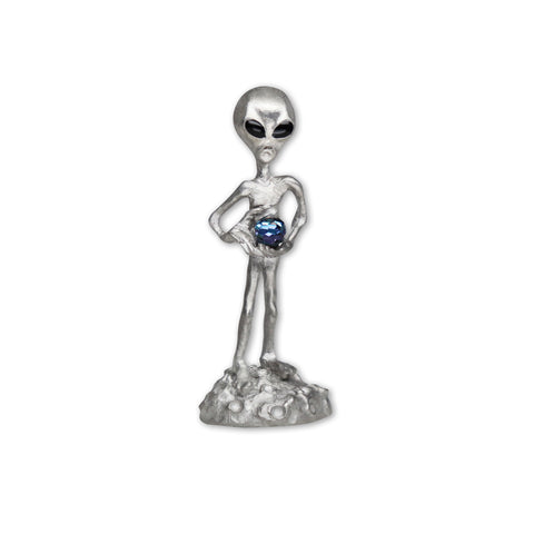 Alien Holding Faceted Blue Crystal Ball Pewter Statue S-006