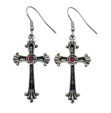 Gothic Victorian Cross with Red Austrian Crystals Pewter Earrings #1003