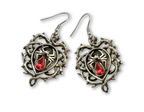 Gothic Spider with Red Stone Body In Thorns Dangle Earrings #1008