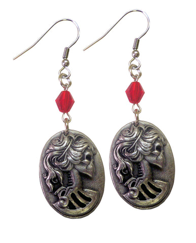 Gothic Lolita Skull Cameo Earrings Silver Pewter with Red Beads #1013