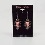 Gothic Lolita Skull Cameo Dangle Earrings Pink on Black #1014P