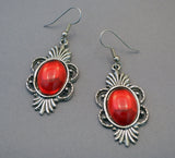 Gothic Blood Red Cabochon Earrings in Silver Pewter Frame #1014R