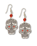 Sugar Skull with Red Bead and Red Crystal Stones Pewter Earrings #1023RBD