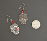 Sugar Skull with Red Bead and Red Crystal Stones Pewter Earrings #1023RBD