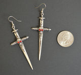 Gothic Skull on Sword Medieval Renaissance Silver Earrings #1028
