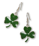 Irish Shamrock Dangle Earrings Green Enamel on Silver Finish Pewter #1037
