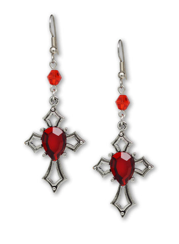 Gothic Cross with Red Stone Medieval Renaissance Dangle Earrings #1040