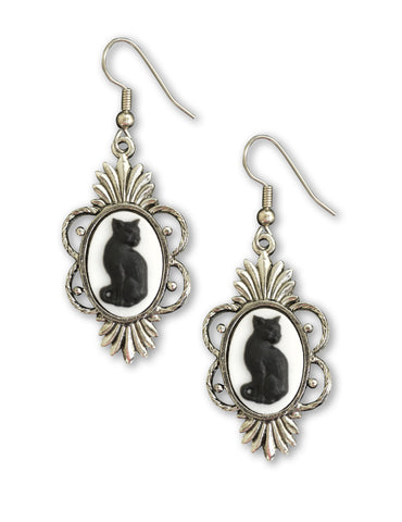 Black Cat Cameo in Silver Pewter Frame Dangle Earrings #1041