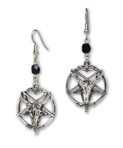 Baphomet Satanic Goat Head Inverted Pentagram Silver Finish Dangle Earrings