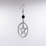 Gothic Pentacle with Black Bead Silver Medieval Renaissance Dangle Earrings #809BD