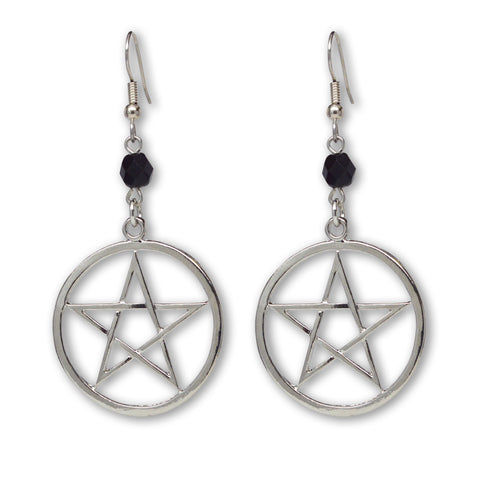 Gothic Pentacle with Black Bead Silver Medieval Renaissance Dangle Earrings #809BD