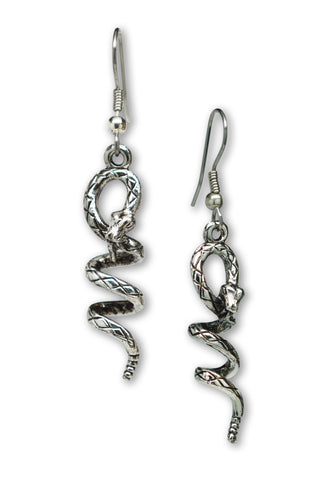 Coiled Snakes Hissing Serpents Silver Finish Pewter Dangle Earrings #827