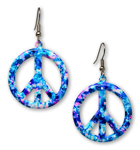 Purple Blue Hippie Tie Dye Peace Sign Enamel on Pewter Dangle Earrings