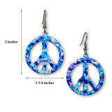 Purple Blue Hippie Tie Dye Peace Sign Enamel on Pewter Dangle Earrings