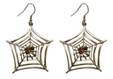 Gothic Spider on Web with Red Austrian Crystals Pewter Earrings #840