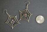 Gothic Spider on Web with Red Austrian Crystals Pewter Earrings #840
