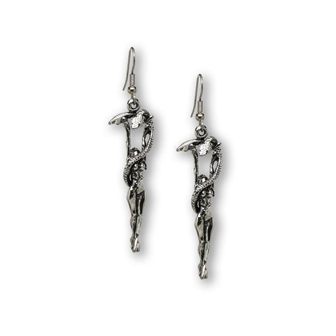 Gothic Maiden Holding Sword and Snake Silver Two Pierced Earrings with Ear Wires #865