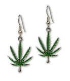 Marijuana Pot Leaf Green Enamel on Silver Pewter Earrings #882