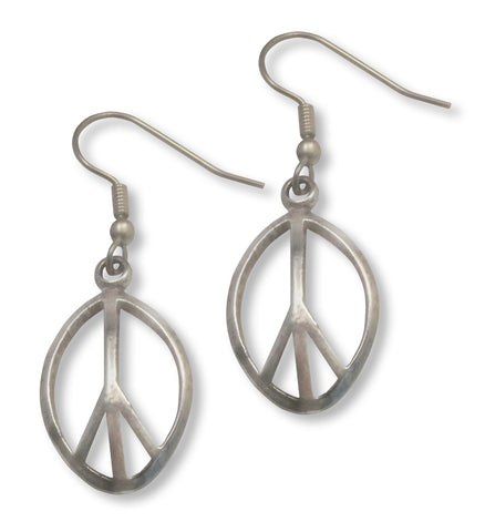 Curved Oval Peace Sign Earrings Polished Silver Pewter #921
