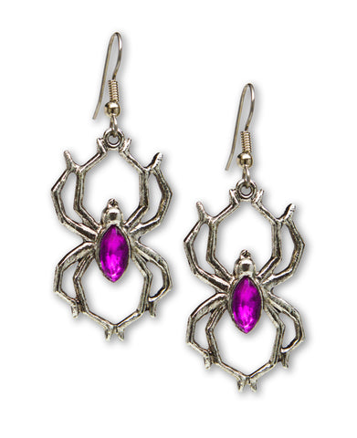 Gothic Spider with Purple Stone Body Silver Pewter Earrings #952P