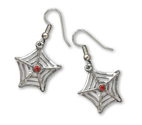 Spider Web Dangle Earrings with Red Crystals #957