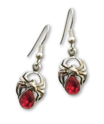 Spider Earrings with Red Austrian Crystal Body Silver Pewter #961