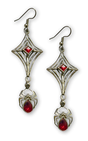 Gothic Spider Web with Hanging Spider and Red Stones Pewter Earrings #962