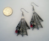 Gothic Spider on Web with Red Austrian Crystal Silver Pewter Earrings #969