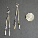 Double Chain Hanging Daggers Earrings Silver Pewter Gothic Jewelry #983