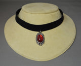 Black Velvet Choker with Blood Red Cabochon in Silver Frame CH-1024R