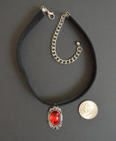 Black Velvet Choker with Blood Red Cabochon in Silver Frame CH-1024R