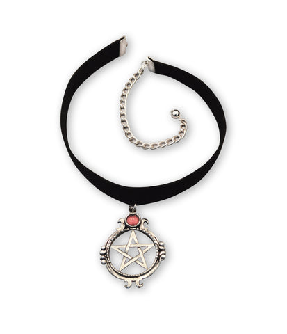 Black Velvet Choker with SIlver Pentacle and Red Cabochon CH-528