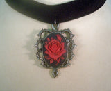 Black Velvet Choker with Red Rose Cameo Surrounded By Thorns CH-604RB