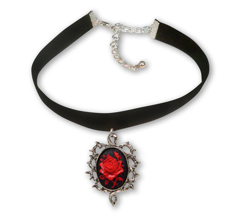 Black Velvet Choker with Red Rose Cameo Surrounded By Thorns CH-604RB