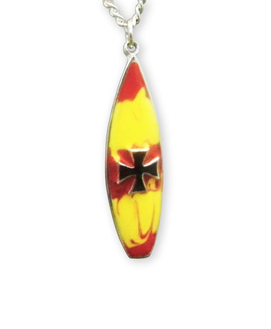 Surfboard with Maltese Cross Red & Yellow Enamel on Pewter Pendant Necklace NK-166-6