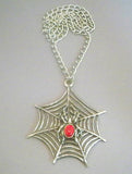 Gothic Spider on Web with Red Cabochon Extra Large Silver Pendant Necklace NK-362LC
