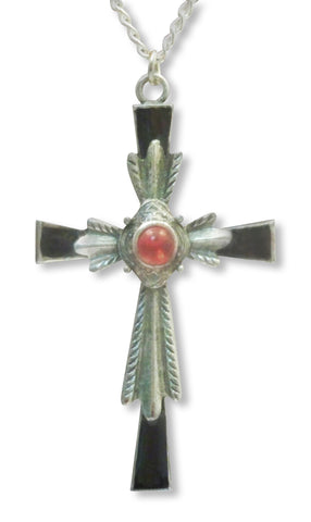 Silver and Black Cross Pendant Necklace with Red Cabochon NK-368