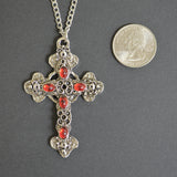 Gothic Filigree Cross with Red Stones Medieval Renaissance Pewter Pendant Necklace NK-379R