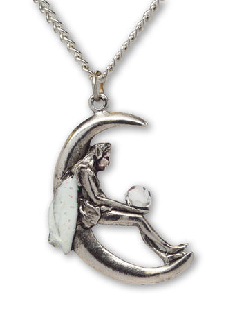 Pixie in Quarter Moon Holding Clear Crystal Ball Pendant Necklace NK-391