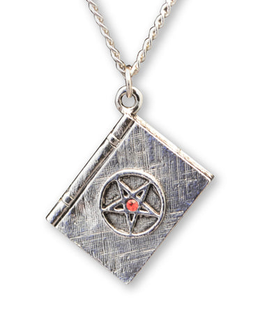 Wizard Book of Magic with Pentacle and Red Crystal Pendant Necklace NK-400